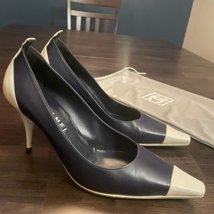 Chanel High Heel Two-Tone Pumps (Navy Blue & White)